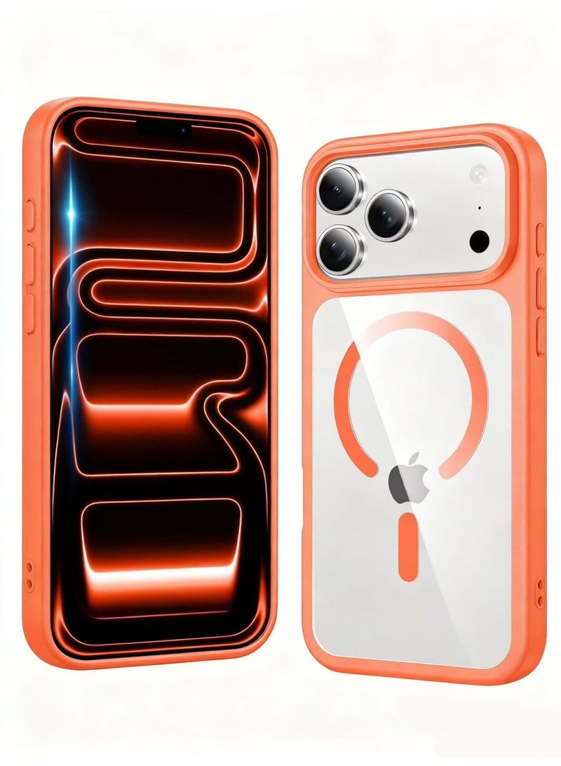 جراب هاتف شفاف مغناطيسي لهاتف iPhone 17 Pro-Max مع واقي شاشة متوافق مع Magsafe Slim، مقاوم للاصفرار، متين، مقاوم للصدمات، غطاء شفاف واقٍ للهاتف (برتقالي) - Image 1