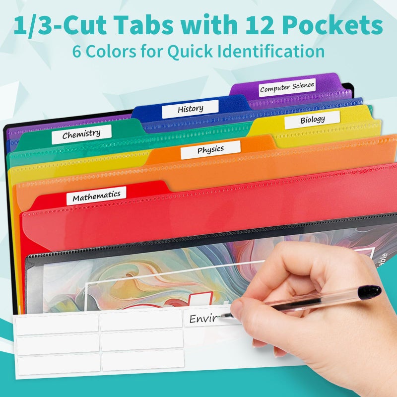 Binditek 12-Pocket Poly Project Organizer, Heavy-Duty Poly Cover, Clear Front Pocket, 6-Color Dividers with 1/3-Cut Tabs, Fixed Zipper Pouch, Letter-Size, Black - Image 4