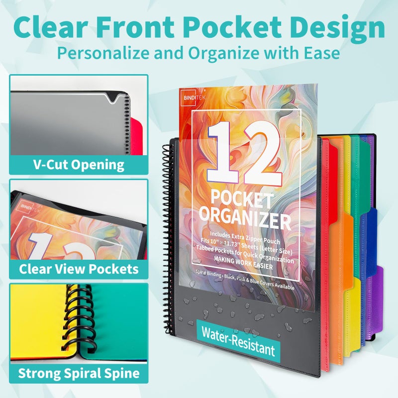 Binditek 12-Pocket Poly Project Organizer, Heavy-Duty Poly Cover, Clear Front Pocket, 6-Color Dividers with 1/3-Cut Tabs, Fixed Zipper Pouch, Letter-Size, Black - Image 3