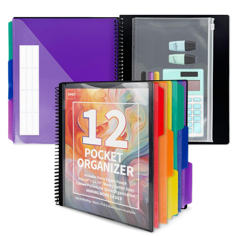 Binditek 12-Pocket Poly Project Organizer, Heavy-Duty Poly Cover, Clear Front Pocket, 6-Color Dividers with 1/3-Cut Tabs, Fixed Zipper Pouch, Letter-Size, Black - Image 1