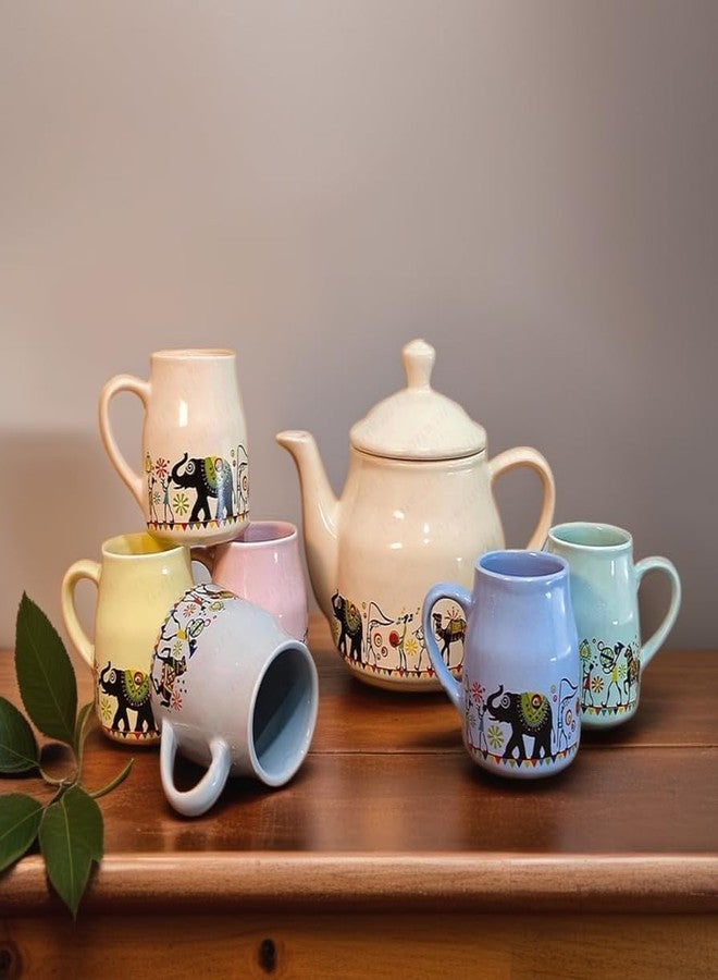 DEEDECORWAVE Ceramic Pastel Tea Set - 1 Kettle + 6 Cups - Multicolor | Premium Tea Cups & Kettle Set | Microwave & Dishwasher Safe | Elegant Gift for Birthday, Anniversary, Christmas, Housewarming - Image 4