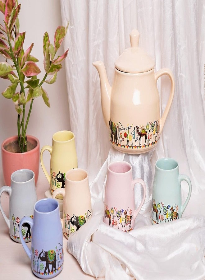 DEEDECORWAVE Ceramic Pastel Tea Set - 1 Kettle + 6 Cups - Multicolor | Premium Tea Cups & Kettle Set | Microwave & Dishwasher Safe | Elegant Gift for Birthday, Anniversary, Christmas, Housewarming - Image 1