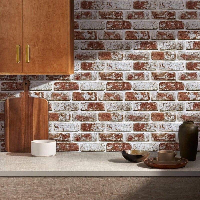 Commomy Faux Brick Peel and Stick Wall Panels - 10 pcs 11.8â€x 11.8â€Small Size PVC Whitewash Red Brick Wallpaper Tile Backsplash for Kitchen,Bedroom,Living Room,Fireplace,Interior Decor ï»¿ - Image 2