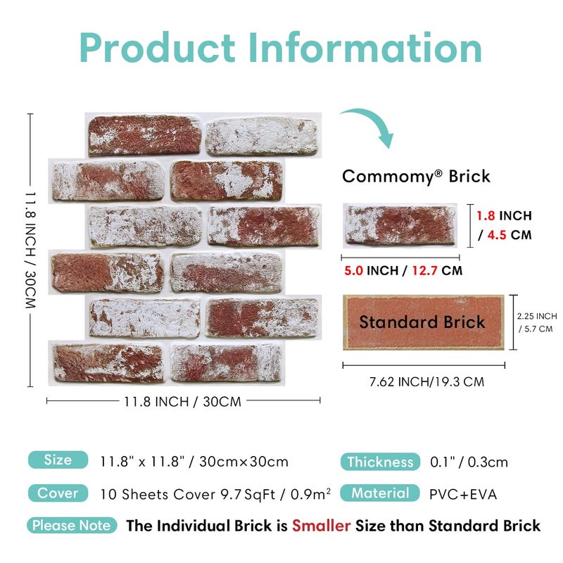 Commomy Faux Brick Peel and Stick Wall Panels - 10 pcs 11.8â€x 11.8â€Small Size PVC Whitewash Red Brick Wallpaper Tile Backsplash for Kitchen,Bedroom,Living Room,Fireplace,Interior Decor ï»¿ - Image 4