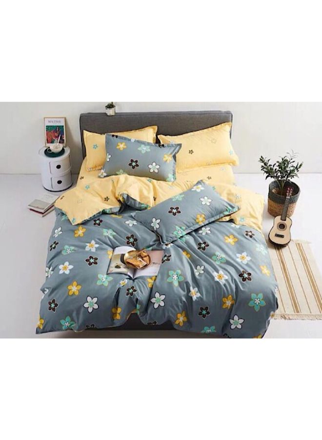 NIBEMINENT 6-Piece Double Size Floral Design Duvet Cover Set Cotton Grey/Yellow/Green 200x230centimeter - Image 1