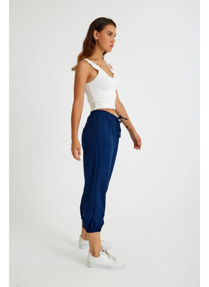 Barbora Linen Casual Trousers with Elastic Waist and Lacing LN15LACIVERT2