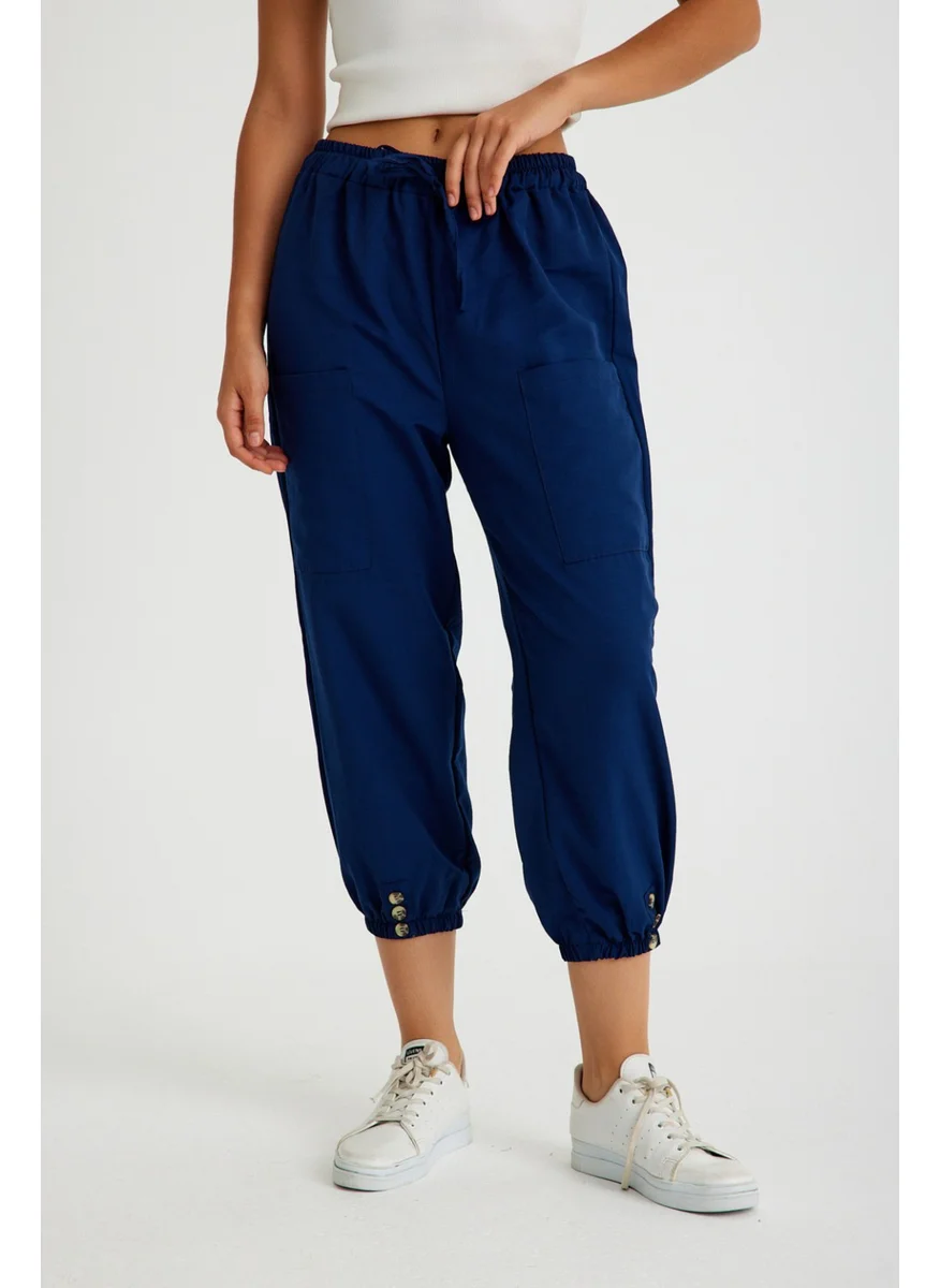 Barbora Linen Casual Trousers with Elastic Waist and Lacing LN15LACIVERT2
