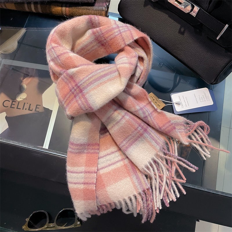 New Arrival 100% Wool Plaid Scarf Womens Winter Winter Student All-Match Mens and Womens Warm Wool Scarf for Couple 12#Burgundy black stripes - Image 4