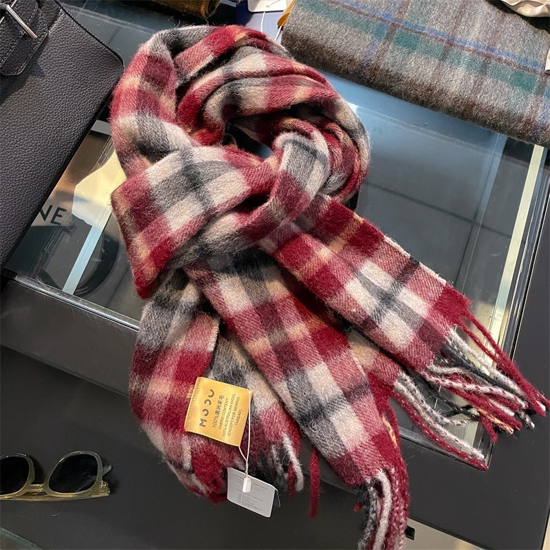 New Arrival 100% Wool Plaid Scarf Womens Winter Winter Student All-Match Mens and Womens Warm Wool Scarf for Couple 12#Burgundy black stripes - Image 1