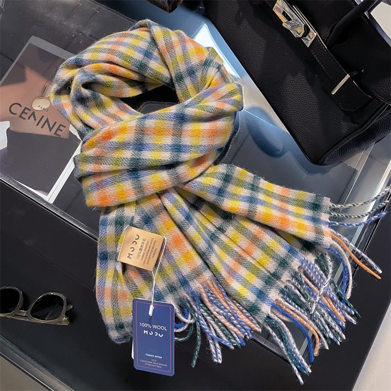 New Arrival 100% Wool Plaid Scarf Womens Winter Winter Student All-Match Mens and Womens Warm Wool Scarf for Couple 12#Burgundy black stripes - Image 2