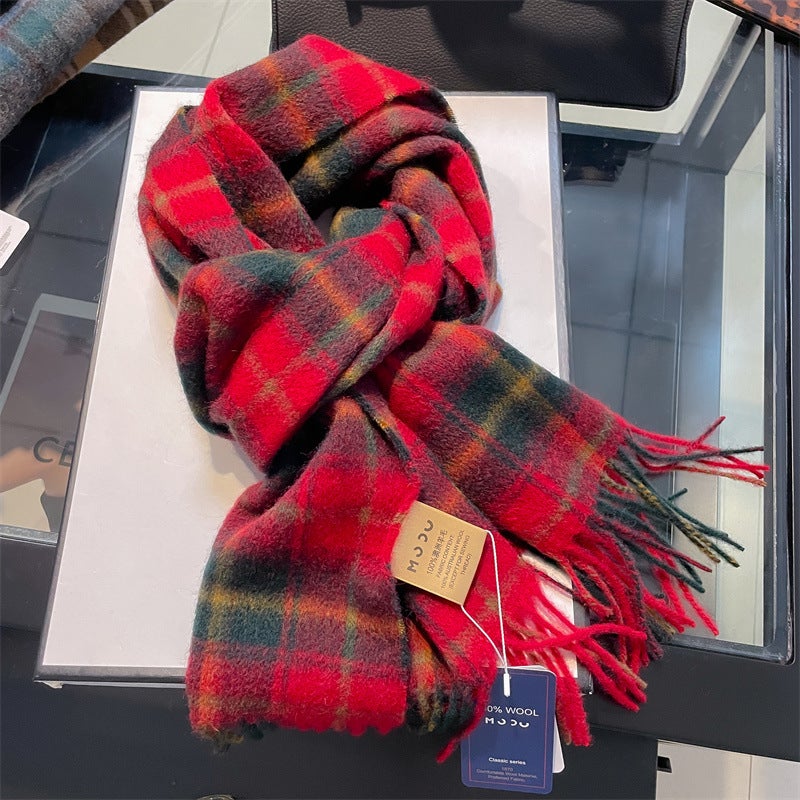 New Arrival 100% Wool Plaid Scarf Womens Winter Winter Student All-Match Mens and Womens Warm Wool Scarf for Couple 12#Burgundy black stripes - Image 5