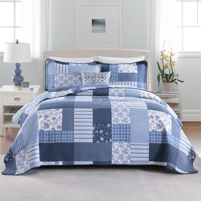 DDUOXIN Plaid Quilt Set - 100% Cotton Farmhouse Queen Quilt with 2 Pillow Shams, Lightweight Comforter Bedspread Soft 3 Piece Bedding Set for All Seasons, Blue/White, Queen - Image 1