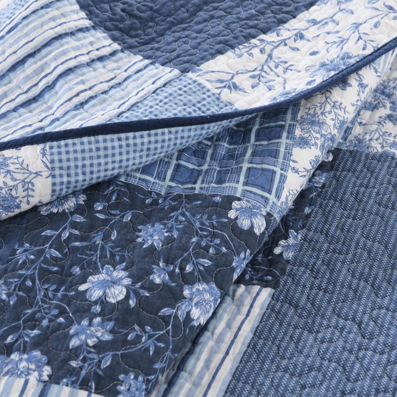 DDUOXIN Plaid Quilt Set - 100% Cotton Farmhouse Queen Quilt with 2 Pillow Shams, Lightweight Comforter Bedspread Soft 3 Piece Bedding Set for All Seasons, Blue/White, Queen - Image 2