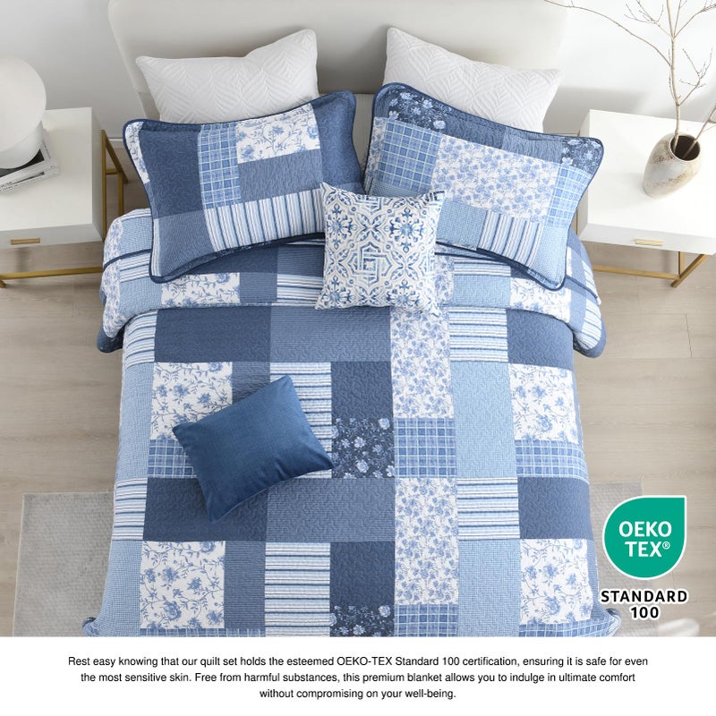 DDUOXIN Plaid Quilt Set - 100% Cotton Farmhouse Queen Quilt with 2 Pillow Shams, Lightweight Comforter Bedspread Soft 3 Piece Bedding Set for All Seasons, Blue/White, Queen - Image 4