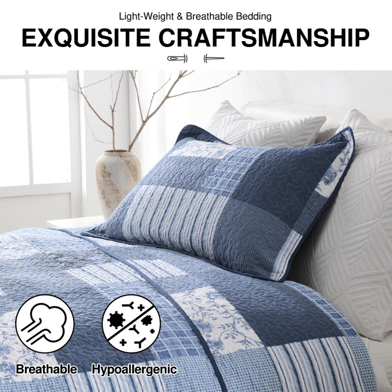 DDUOXIN Plaid Quilt Set - 100% Cotton Farmhouse Queen Quilt with 2 Pillow Shams, Lightweight Comforter Bedspread Soft 3 Piece Bedding Set for All Seasons, Blue/White, Queen - Image 5