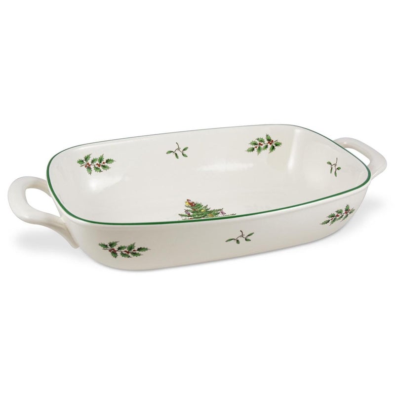 Spode Christmas Tree Oval Breadbasket 14 Inch x 75 Inch Handled Bowl for Fruit Bread Cookies Porcelain Gift Holiday Serveware Oven to Table Dish Dishwasher Safe Tableware