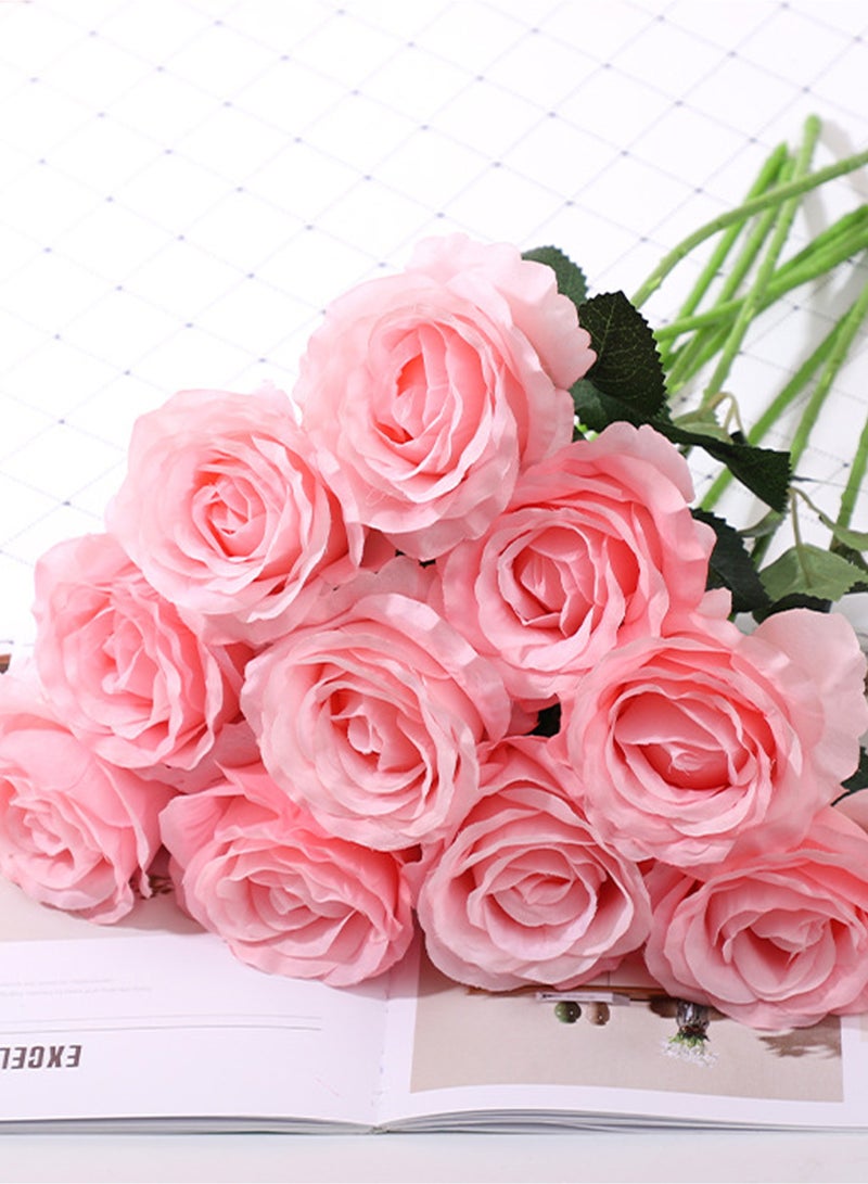 باقة زهرة ورد صناعية حريرية تشبه الزهور الطبيعية للزفاف، أو لتزيين المنزل والحفلات، هدية للفعاليات، 10 قطع (وردي) - Image 1