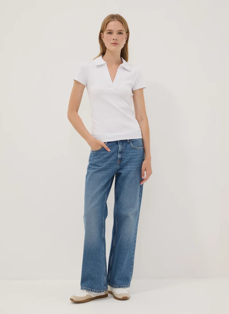 او في اس OVS White Stretch Cotton Polo Shirt With Open V-Neck, Regular Fit