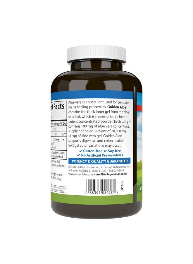 Carlson Golden Aloe 100 Mg (200:1 Concentrate) Digestive Support & Colon Health Optimal Wellness 180 Softgels - Image 4