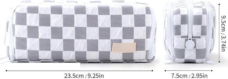 KASTWAVE Large Pencil Case, Checkered Pencil Pouch, Big Capacity 3 Compartments, Portable Pencil Box for Kids, Grey Preppy Pencil Case, Canvas Pencil Pouch for Teen Boys Girls School Students - Image 3