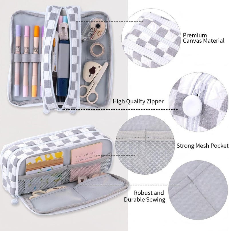 KASTWAVE Large Pencil Case, Checkered Pencil Pouch, Big Capacity 3 Compartments, Portable Pencil Box for Kids, Grey Preppy Pencil Case, Canvas Pencil Pouch for Teen Boys Girls School Students - Image 2