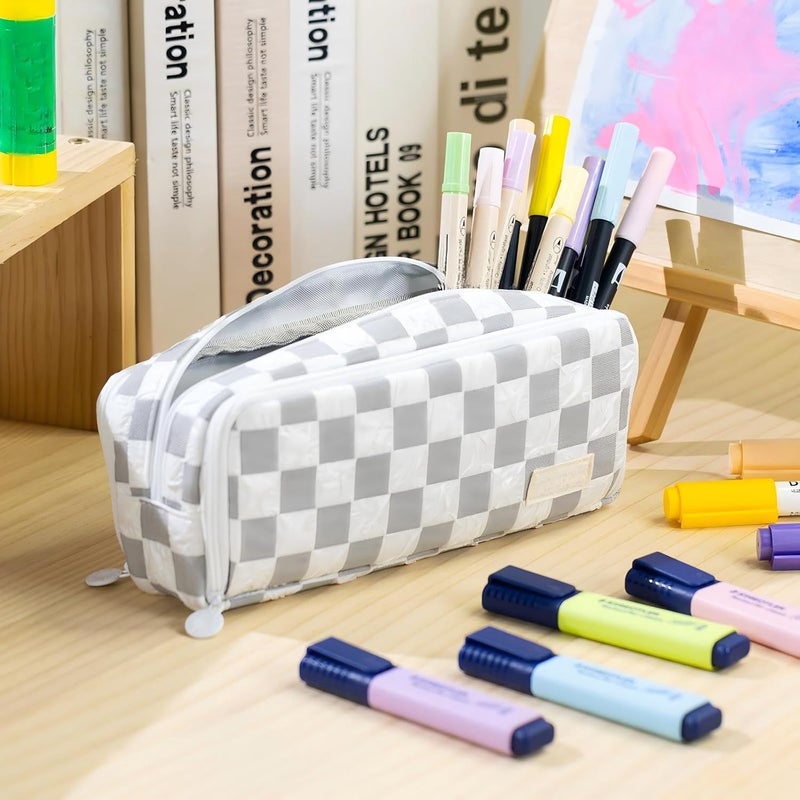 KASTWAVE Large Pencil Case, Checkered Pencil Pouch, Big Capacity 3 Compartments, Portable Pencil Box for Kids, Grey Preppy Pencil Case, Canvas Pencil Pouch for Teen Boys Girls School Students - Image 5