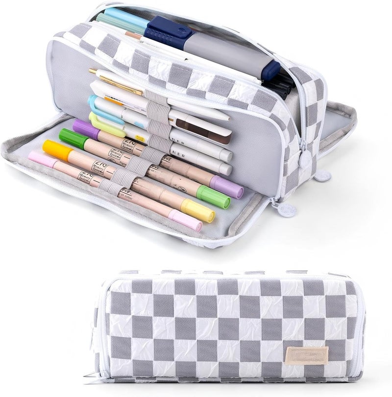 KASTWAVE Large Pencil Case, Checkered Pencil Pouch, Big Capacity 3 Compartments, Portable Pencil Box for Kids, Grey Preppy Pencil Case, Canvas Pencil Pouch for Teen Boys Girls School Students - Image 1