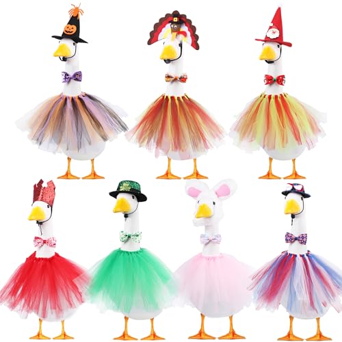 CAMDUCK 7 Set Seasonal Holiday Porch Goose Outfits 4th of July All Seasons Geese Hat Tutu Skirt Bow Tie Lawn Goose Clothes Costume Clothing for 23" Plastic Cement Goose Statue Patio Yard Outdoor Decor - Image 1