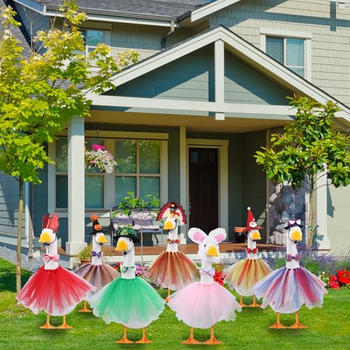 CAMDUCK 7 Set Seasonal Holiday Porch Goose Outfits 4th of July All Seasons Geese Hat Tutu Skirt Bow Tie Lawn Goose Clothes Costume Clothing for 23" Plastic Cement Goose Statue Patio Yard Outdoor Decor - Image 3