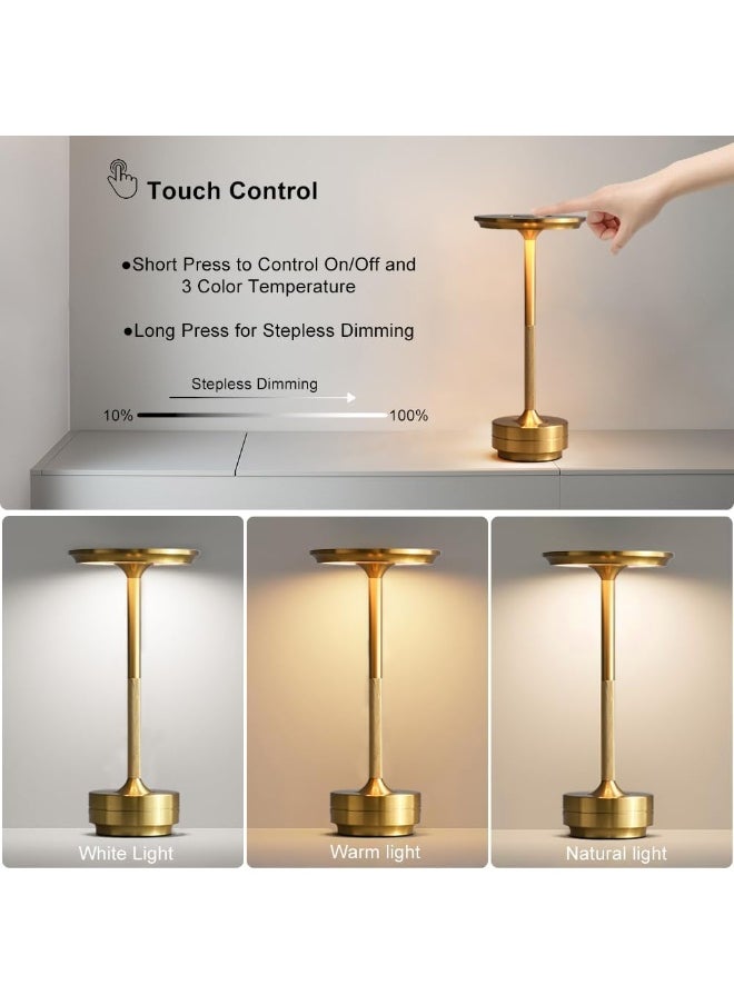 Cordless Table Lamp Rechargeable, Portable Outdoor Camping Lamp with 1200mAh Battery, 3 Color Stepless Dimming LED Bedside Table Light, Modern Table Lamp for Dining/Outdoor/Bar/Patio (Gold)