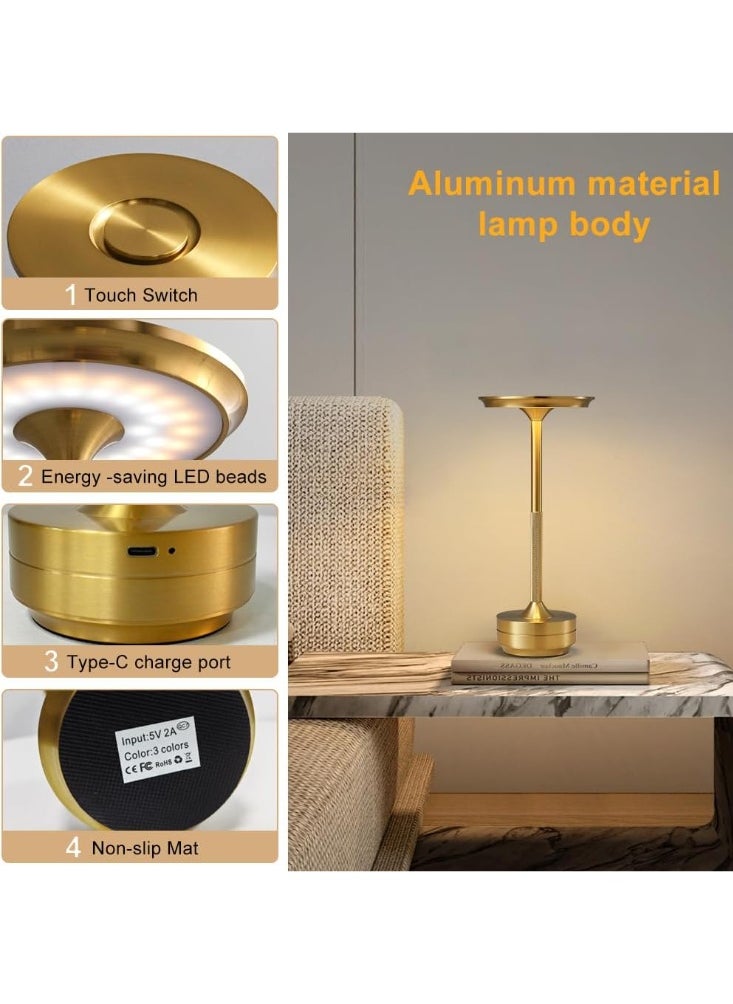 Cordless Table Lamp Rechargeable, Portable Outdoor Camping Lamp with 1200mAh Battery, 3 Color Stepless Dimming LED Bedside Table Light, Modern Table Lamp for Dining/Outdoor/Bar/Patio (Gold)