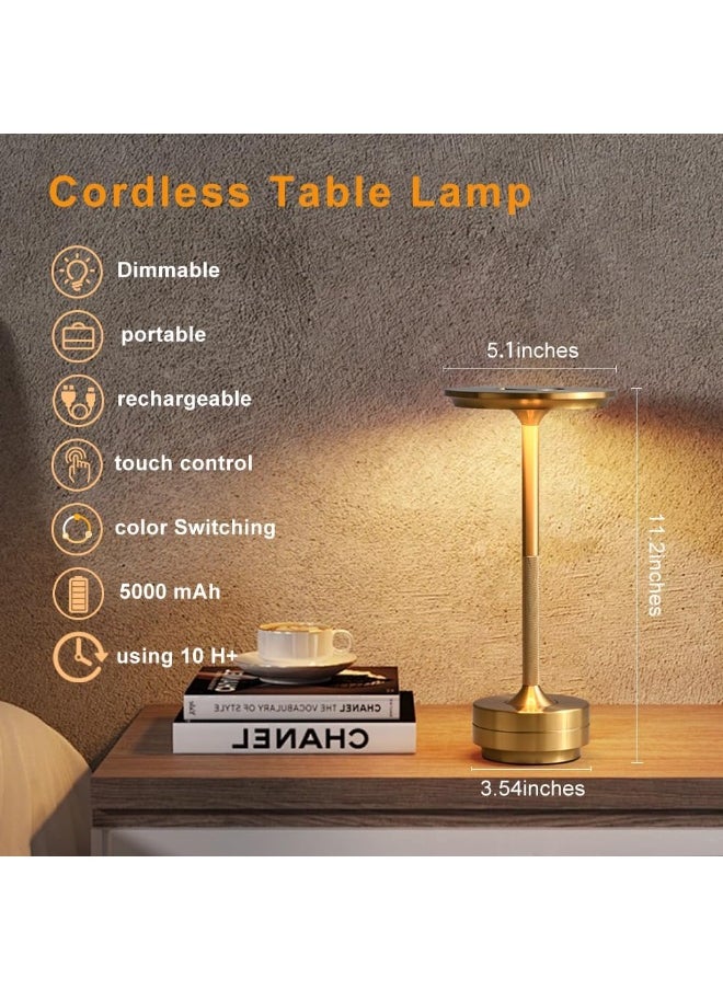 Cordless Table Lamp Rechargeable, Portable Outdoor Camping Lamp with 1200mAh Battery, 3 Color Stepless Dimming LED Bedside Table Light, Modern Table Lamp for Dining/Outdoor/Bar/Patio (Gold)