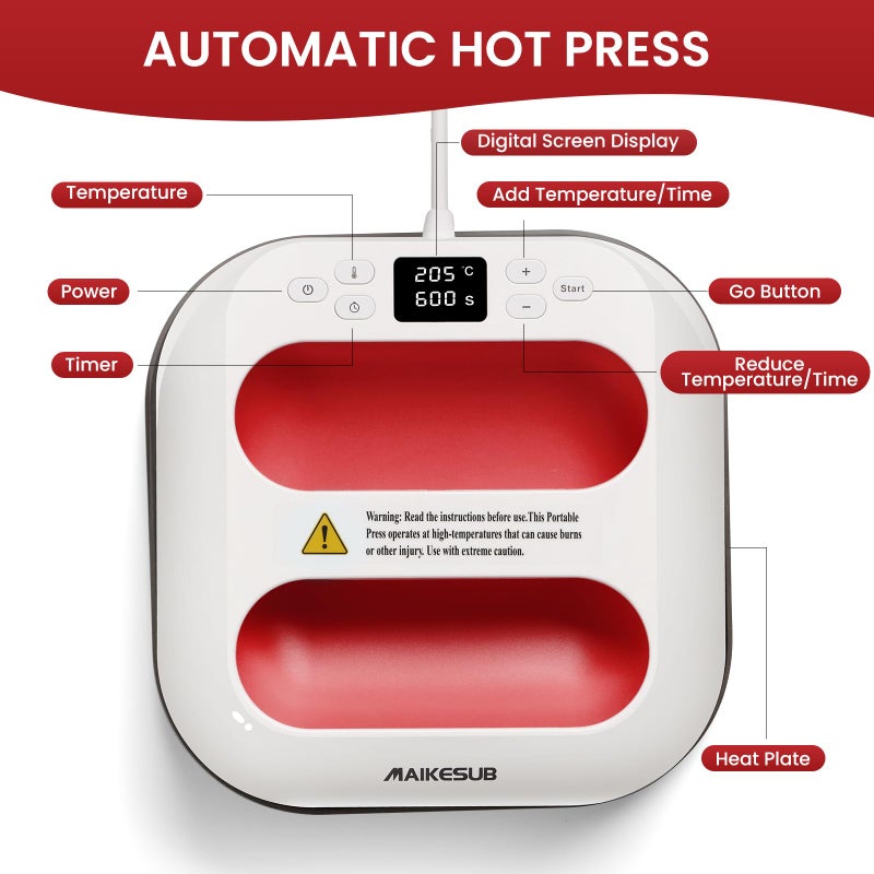MAIKESUB T-Shirt Heat Press Machine, Portable Heat Press 9.6"X9.6", Iron Press for Sublimation and HTV Vinyl Shirt Press Machine for Hat, Bags, Heating Transfer Projects (Red Heat Transfer Machine) - Image 4