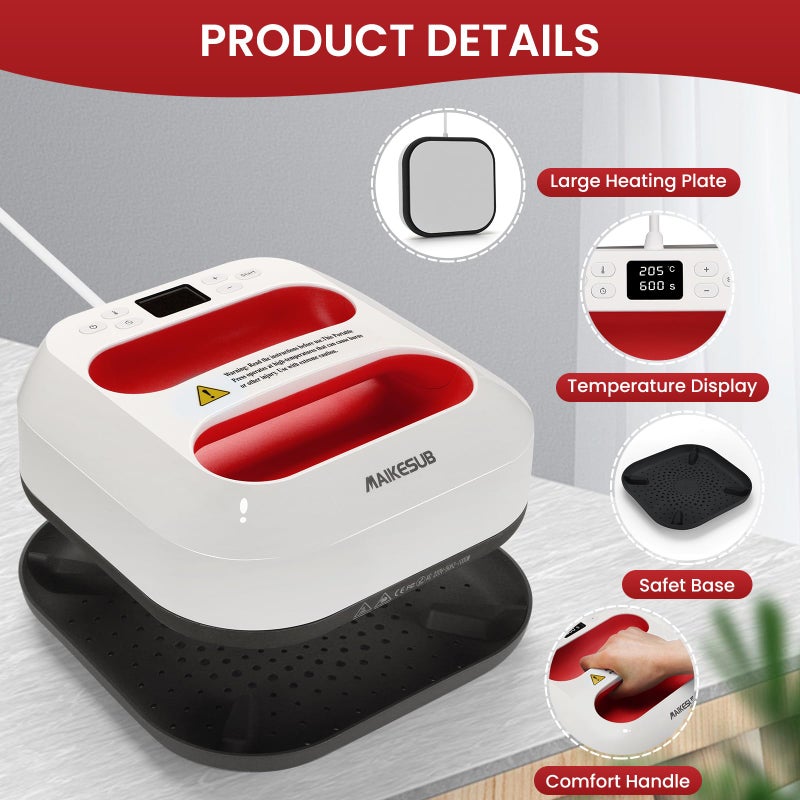 MAIKESUB T-Shirt Heat Press Machine, Portable Heat Press 9.6"X9.6", Iron Press for Sublimation and HTV Vinyl Shirt Press Machine for Hat, Bags, Heating Transfer Projects (Red Heat Transfer Machine) - Image 3