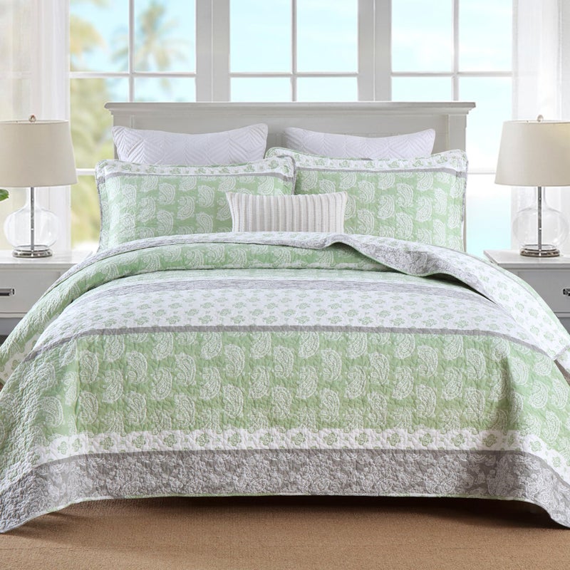 AJOCCI Quilts Queen Size, Cotton Comforter Set, Sage Green Bedding Queen Size, Farmhouse Striped Bedspreads, Lightweight All Seasons 3 Piece - Image 1