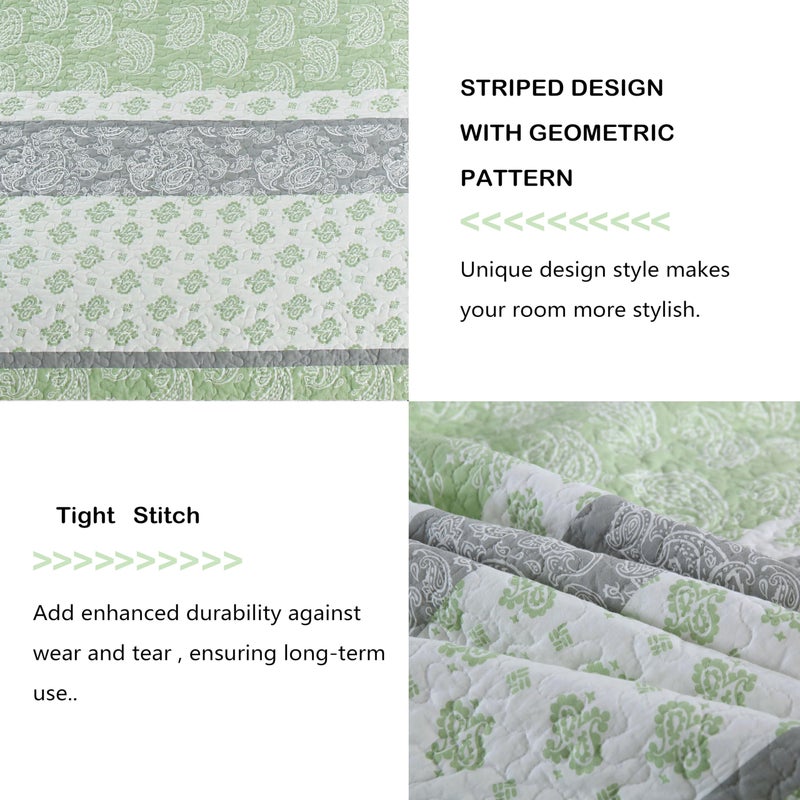 AJOCCI Quilts Queen Size, Cotton Comforter Set, Sage Green Bedding Queen Size, Farmhouse Striped Bedspreads, Lightweight All Seasons 3 Piece - Image 5