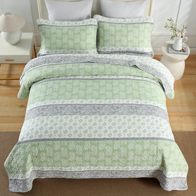 AJOCCI Quilts Queen Size, Cotton Comforter Set, Sage Green Bedding Queen Size, Farmhouse Striped Bedspreads, Lightweight All Seasons 3 Piece - Image 3