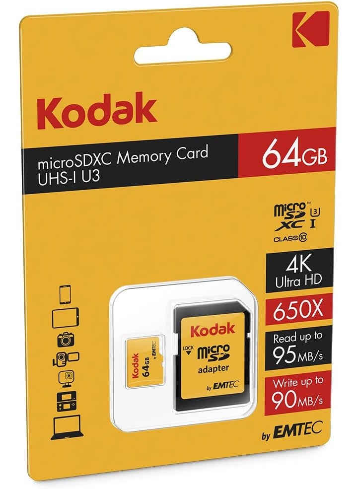 Kodak KODAK 64GB UHSI U3 V30 A1 MicroSDXC Card with Adapter  Up to 95MBs Read Speed  Up to 85MBs Write Speed  Additional Storage for Multimedia Devices  - Image 3