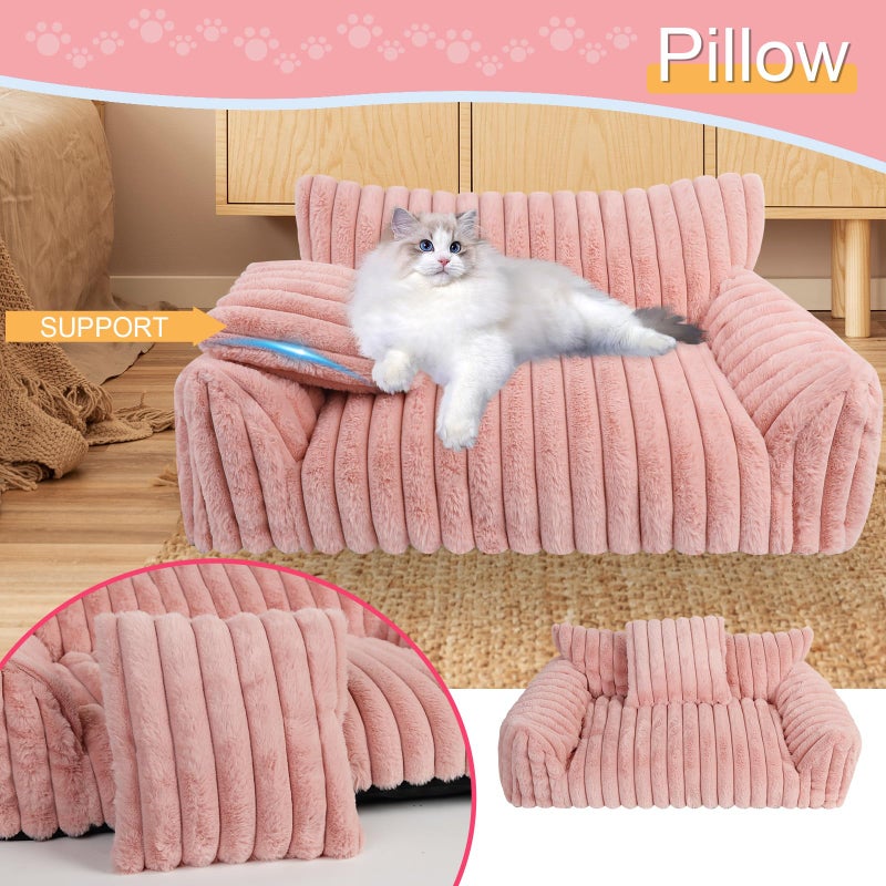 Wn's Day Cute Cat Couch Bed for Indoor Cats, Fluffy Pet Cat Sofa with Premium Soft Corduroy Fleece, Cute Small Dog Beds for Small Dogs, Fuzzy Puppy Chair with Removable Washable Cover (30x20x10,Pink) - Image 2