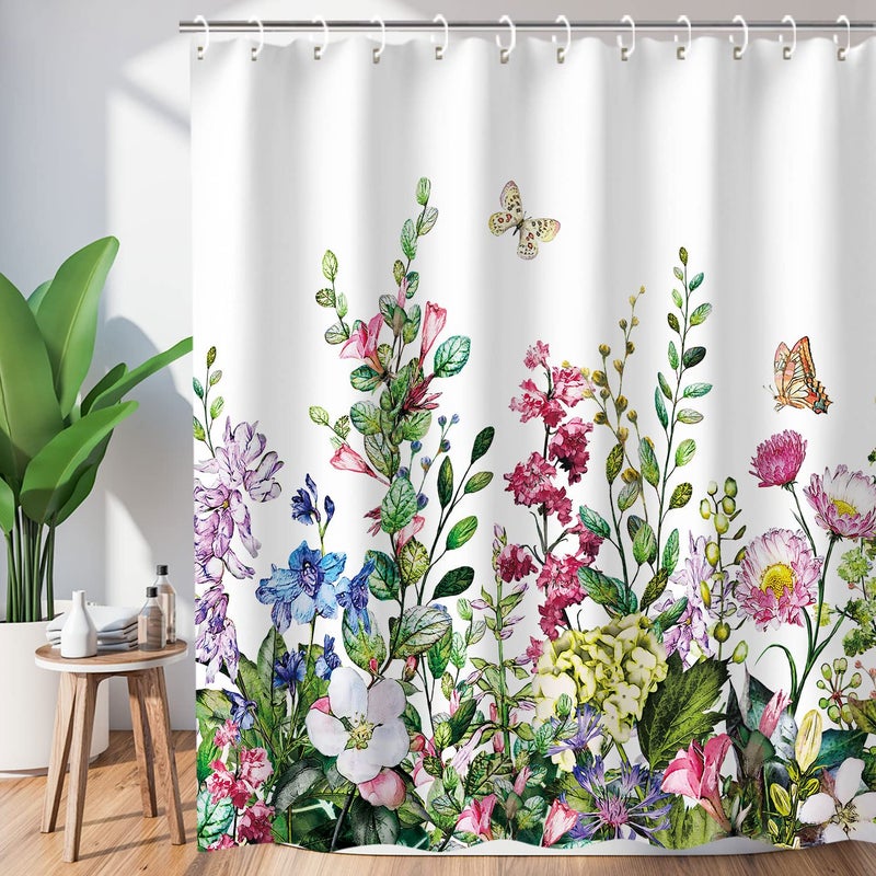 LIVILAN Floral Shower Curtain Flower Shower Curtain for Bathroom Colorful Plant Botanical Wildflower Flowered Shower Curtains with 12 Hooks Decorative Fabric Leaf Greenery 72 W x 84 H