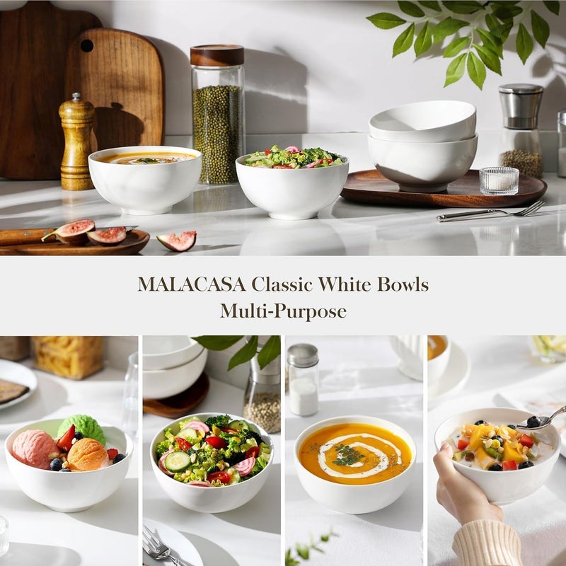 MALACASA 26 oz Porcelain Soup Bowls, 6" Cereal Bowls - White Bowls Set of 4 for Soup, Cereal, Oatmeal, Fruit, Rice - Dishwasher & Microwave Safe, Series Regular - Image 5