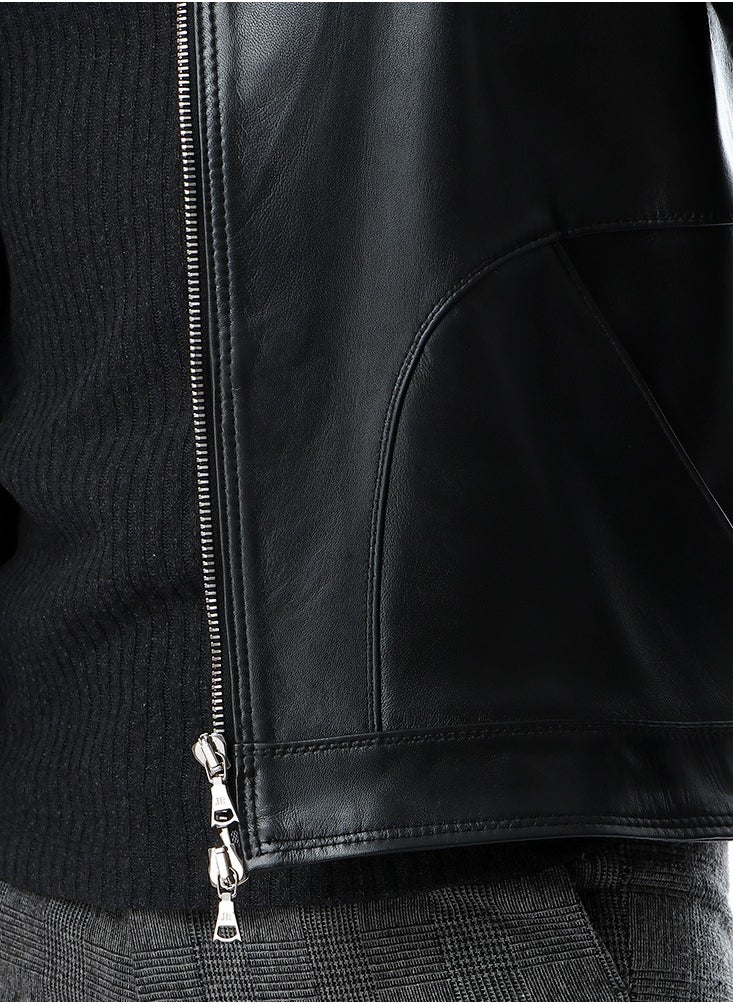 Generic - Band Neck Leather Jacket With Pockets genuine leather 100% - Image 1