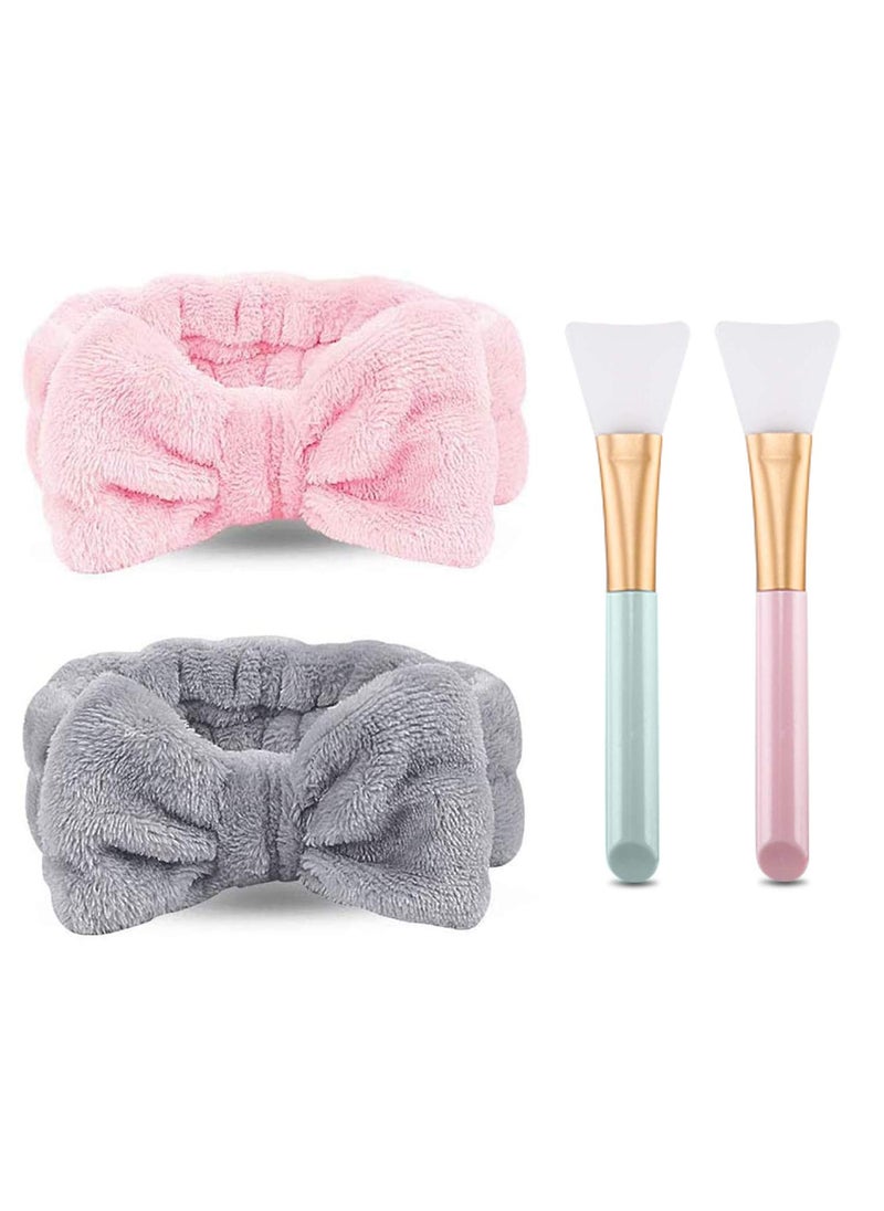 NYKKOLA - 2 Pack Spa HeadbandBowknot Coral Fleece Elastic Headband With 2 Silicone Face Mask Brushfor Women Girls Washing Face Beauty Skincare And Sports GrayPink - Image 1