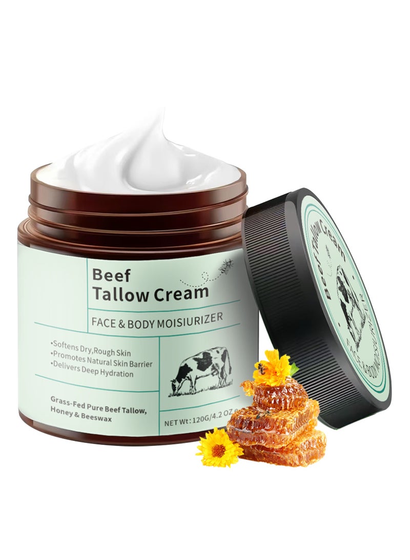شحم البقر وبلسم العسل ، شحم البقر للبشرة ، مرطب للوجه والجسم مع شحم البقر النقي الذي يتغذى على العشب ، شمع العسل ، كريم الشحم المخفوق يوفر ترطيبا عميقا للبشرة 120 جم - Image 1