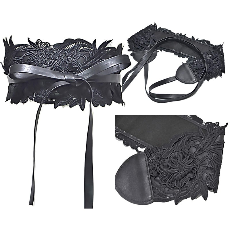Ayliss Women's Lace Waist Belt Obi Bowknot Cinch Wide Belt Bow Tie Wrap Boho Corset Dress Waist Band Pu Leather (Black) - Image 3