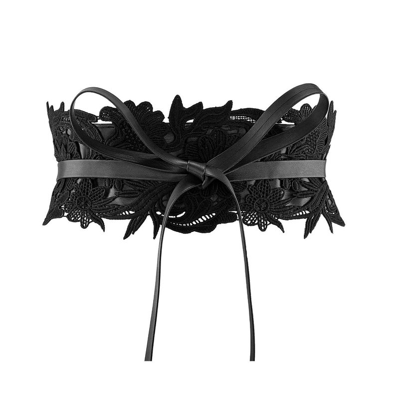 Ayliss Women's Lace Waist Belt Obi Bowknot Cinch Wide Belt Bow Tie Wrap Boho Corset Dress Waist Band Pu Leather (Black) - Image 1