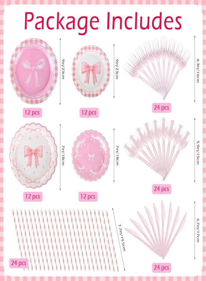 YLOLUL 24 Set 194pcs Pink Bow Party Supplies Conquette Birthday Decorations Bow Birthday Party Plates, Napkin, Tablecloth Pink Bow Party Decoration for Girl Bachelorette Bridal Tableware Table Cover Serve 24 - Image 2