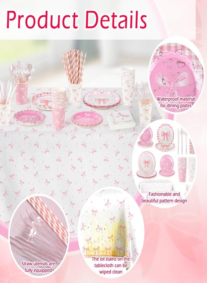 YLOLUL 24 Set 194pcs Pink Bow Party Supplies Conquette Birthday Decorations Bow Birthday Party Plates, Napkin, Tablecloth Pink Bow Party Decoration for Girl Bachelorette Bridal Tableware Table Cover Serve 24 - Image 4