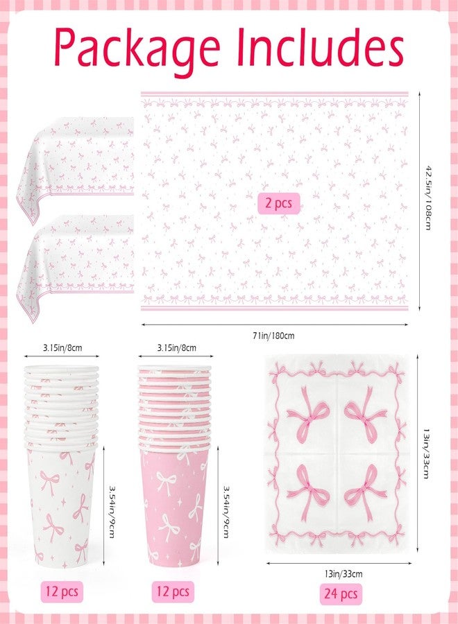 YLOLUL 24 Set 194pcs Pink Bow Party Supplies Conquette Birthday Decorations Bow Birthday Party Plates, Napkin, Tablecloth Pink Bow Party Decoration for Girl Bachelorette Bridal Tableware Table Cover Serve 24 - Image 3