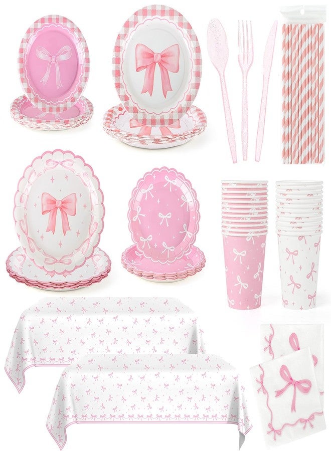 YLOLUL 24 Set 194pcs Pink Bow Party Supplies Conquette Birthday Decorations Bow Birthday Party Plates, Napkin, Tablecloth Pink Bow Party Decoration for Girl Bachelorette Bridal Tableware Table Cover Serve 24 - Image 1